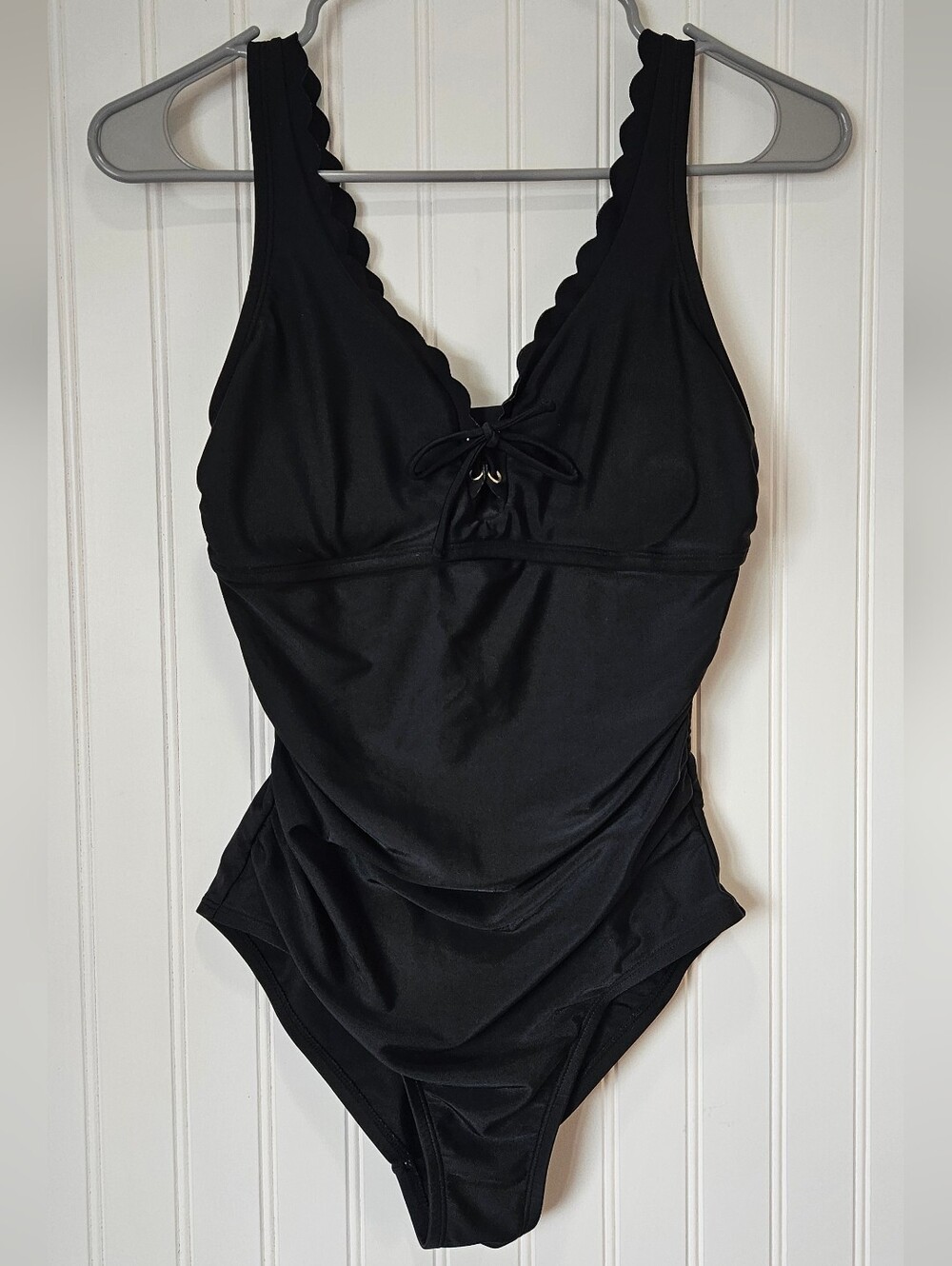 Kona Sol Black One Piece Swimsuit Scallop Neckline Lace Up Front - S Hook Clasp